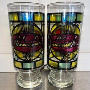 2 vintage 1970's Anchor Hocking Schaefer Stained Glass Style Glasses 6.5" tall